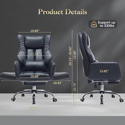 High Back Executive Office Chair with Footrest, Reclining PU Leather, Lumbar Support, Criss Cross Style, 155° Recline, Black (Black)