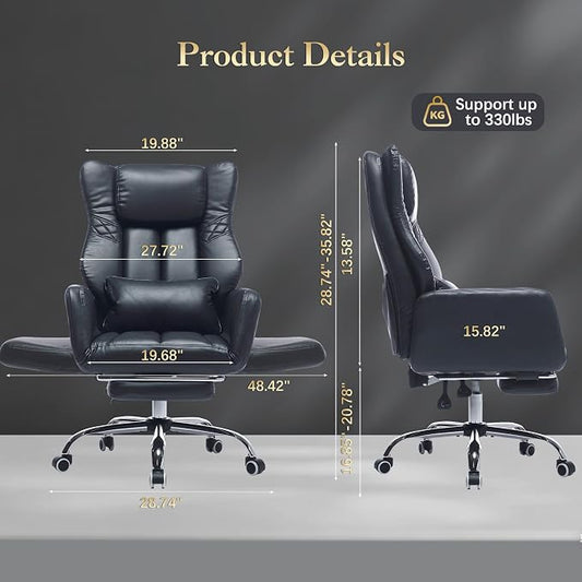 High Back Executive Office Chair with Footrest, Reclining PU Leather, Lumbar Support, Criss Cross Style, 155° Recline, Black (Black)