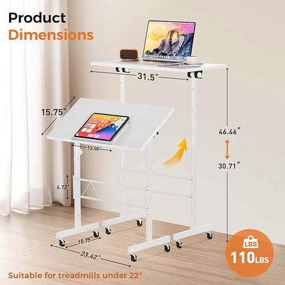COMHOMA Standing Desk Adjustable Height & Tiltable Tabletop, Portable Stand Up Desk for Laptop, Mobile Folding Desk for Home Office Work and Walking Pad Treadmill, Height 30.7"-46.4", White