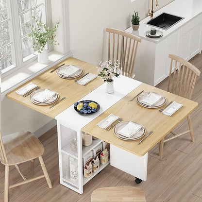 IDEALHOUSE FoldingTable, Drop Leaf Dining Table with 6 Wheels and 2-Layer Storage Shelf, Space Saving Table for Small Spaces (Natural Wood, 50.1" D x 31.4" W x 29.5" H)