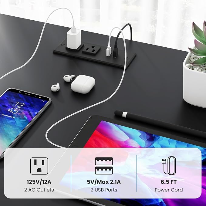 Tangkula 2-Person Reversible Computer Desk with LED Lights, 94.5” Long Office Desk with Power Outlets, Monitor Stand, Keyboard Tray & 2 Storage Shelves, Double Desk for Gaming Working Writing (Black)