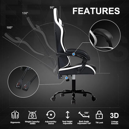 GTPLAYER Gaming Chair High Back Computer Chairs for Adults, Ergonomic Height Adjustable Recliner Chair 300lbs with Linkage Armrest and Lumbar Support for Home Office, White