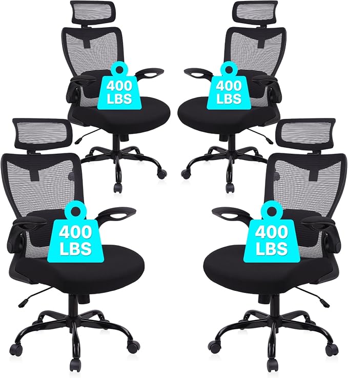 CLATINA Heavy Duty Ergonomic Mesh Office Chair 400LBS, Big and Tall Desk Chair with Adjustable Lumbar Support & Headrest, Flip Up Padded Arms, Swivel Computer Chair for Home, Conference, Black, 4 PACK