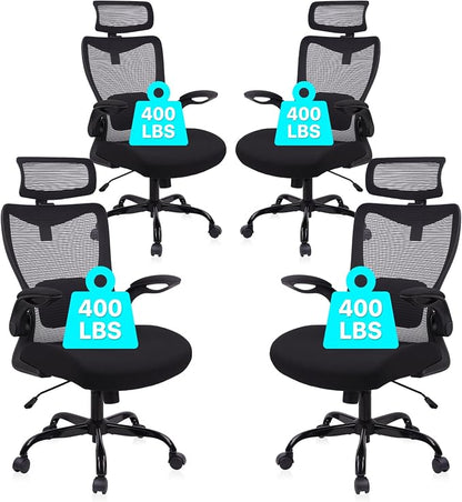 CLATINA Heavy Duty Ergonomic Mesh Office Chair 400LBS, Big and Tall Desk Chair with Adjustable Lumbar Support & Headrest, Flip Up Padded Arms, Swivel Computer Chair for Home, Conference, Black, 4 PACK