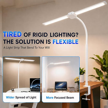 LED Desk Lamp for Home Office, Eye-Care Architect Light with Clamp, Double Head Computer Monitor Table Light with 3 Color Modes 10 Brightness, Adjustable for Reading, Study, Drafting, Workbench, White
