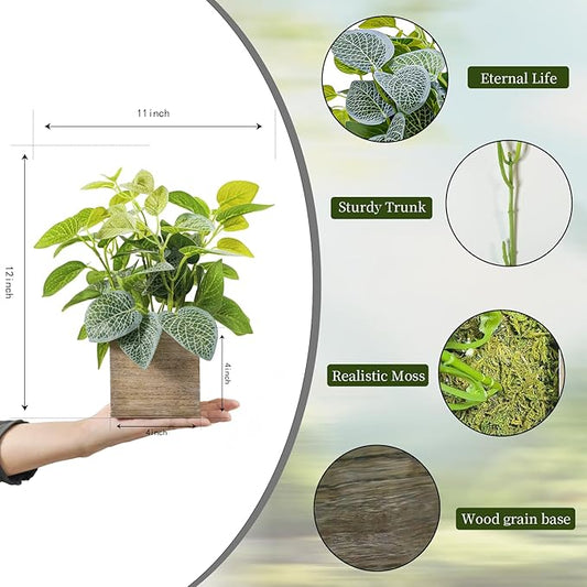 2 Pack 12" Medium Eucalyptus Fake Plants, Artificial Plants Indoor with 4 Inch Wooden Planters, Faux Potted Silk Plants for Home Decor, Desk, Shelves, Desktop, Coffee Table, Bedroom