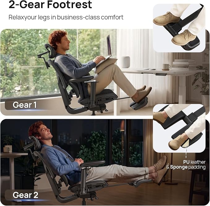 Ergonomic Office Chair with Adaptive Dual-Wing Lumbar Support - Over 10 Hours Sitting Comfortable Mesh Big and Tall Home Desk Chair, 4D Headrest, 2-Gear Footrest, 630° Armrst, Seat Depth Adjustable