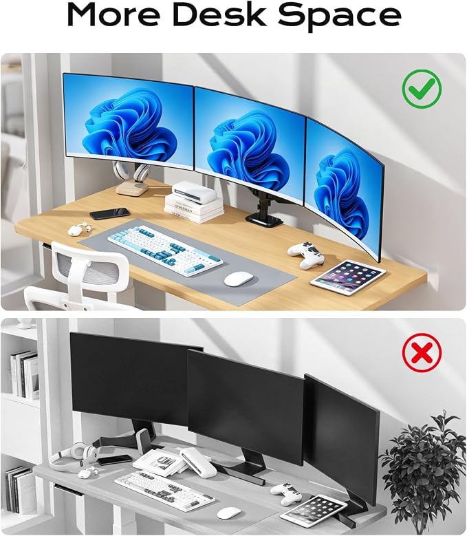 Pholiten Triple Monitor Mount for Desk, 2 Gas Spring Monitor Arms for 17-32 inches Screen, Fully Adjustable Heavy Duty Monitor Mount with Clamp & Grommet Mounting, Each Arm Holds 22 lbs
