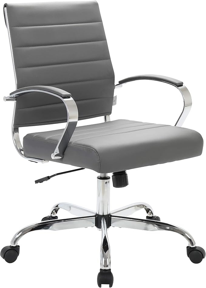 LeisureMod Benmar Leather Office Desk Chair, Mid-Back Ergonomic Swivel Chair with Lumbar Support, Adjustable Height, Tilt Lock, Cushioned Seat & Back, Home Office Task Chair (Grey, Pallet)