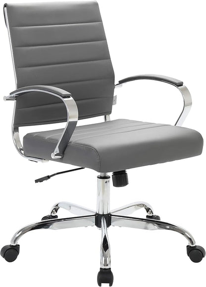 LeisureMod Benmar Leather Office Desk Chair, Mid-Back Ergonomic Swivel Chair with Lumbar Support, Adjustable Height, Tilt Lock, Cushioned Seat & Back, Home Office Task Chair (Grey, Single)