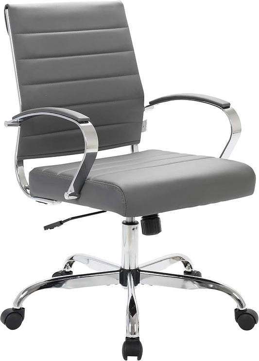 LeisureMod Benmar Leather Office Desk Chair, Mid-Back Ergonomic Swivel Chair with Lumbar Support, Adjustable Height, Tilt Lock, Cushioned Seat & Back, Home Office Task Chair (Grey, Single)