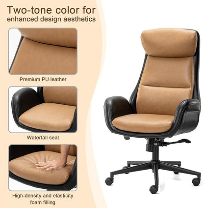 Glitzhome High Back Office Chair,Modern Ergonomic Swivel Office Chair,Adjustable Home Office Desk Chair with Lumbar Support,Black & Camel