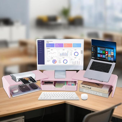 LEKETREE Dual Monitor Stand Riser with Drawer, Desk Organizer and Accessories, Pink Monitor Stand for Desk, Desktop Stand for Computer, Laptop, TV and More (Pink)