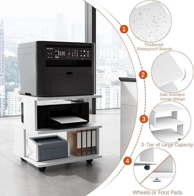 Arbuxzuy Large Printer Stand with Storage Shelf, 3 Tier Mobile Printer Cart for Home Office, Stands for Heat Press Scanner Fax, White