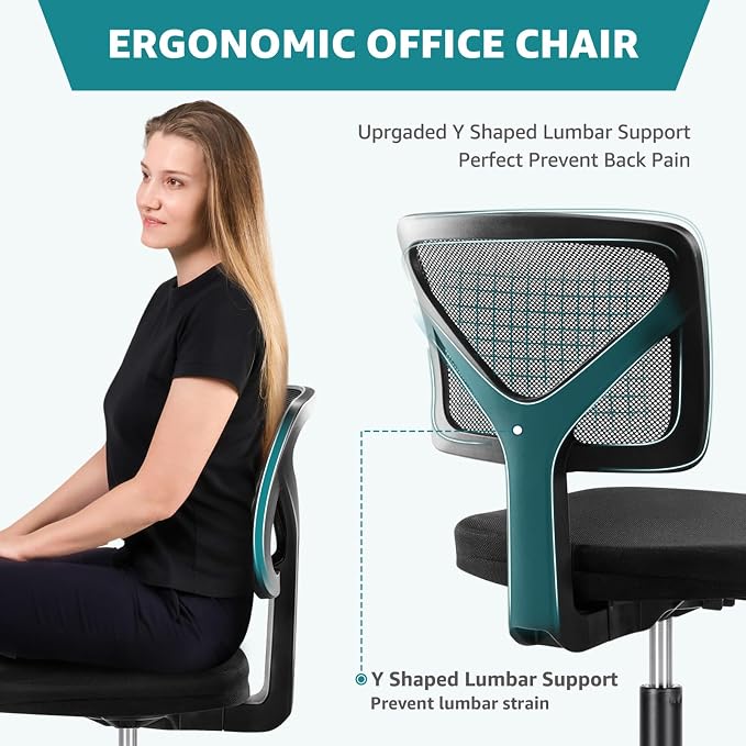 OLIXIS Armless Office Chair, Ergonomic Desk Chair with Wheels, Mesh Back, Removable Washable Foam Cushion, Height Adjustable Rolling Swivel Chairs for Small Space, Home, Office, Black