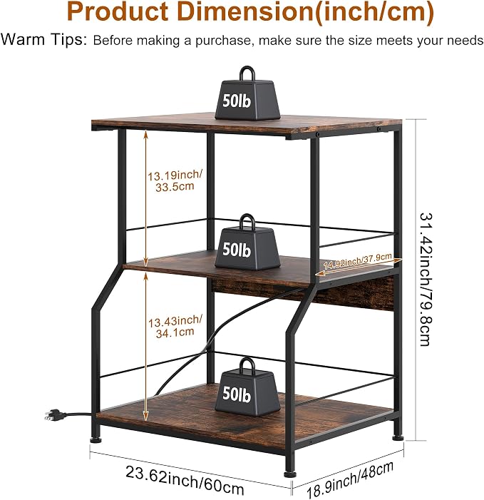 23.62 x 18.9” Large Printer Stand with Locking Wheels, 3 Tier Printer Table with Storage, Rolling Cart Station for Home Office Kitchen, Rustic Brown