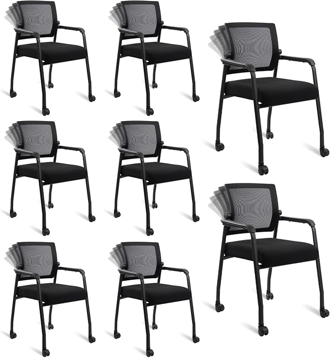 KLASIKA Waiting Room Chairs with Wheels, Adjustable Mesh Backrest, Desk Chair with Ergonomic Lumbar Support and Thickened Seats Cushion, 8 Pack Black