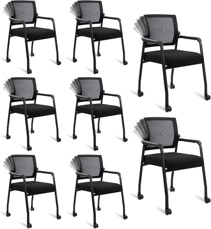KLASIKA Waiting Room Chairs with Wheels, Adjustable Mesh Backrest, Desk Chair with Ergonomic Lumbar Support and Thickened Seats Cushion, 8 Pack Black