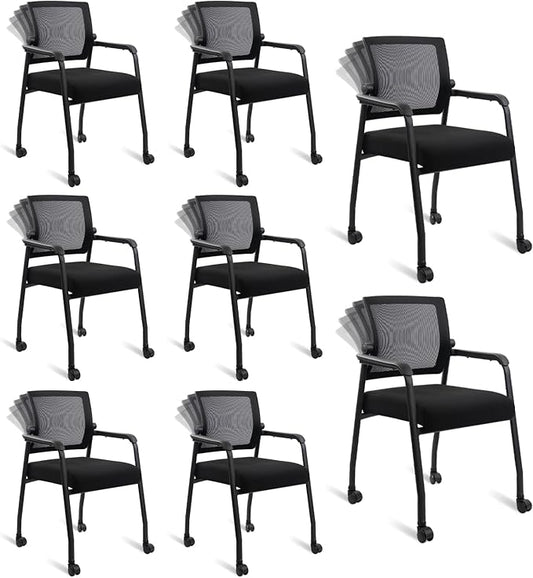 KLASIKA Waiting Room Chairs with Wheels, Adjustable Mesh Backrest, Desk Chair with Ergonomic Lumbar Support and Thickened Seats Cushion, 8 Pack Black