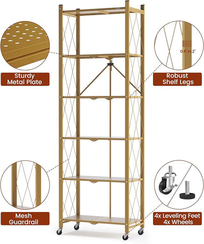 ALANNG 73.6 Inch Folding Bookshelf, 6 Tier Metal Bookcase and Bookshelves, Tall Shelves for Living Room Office Bedroom, Heavy Duty Book Shelve Free Standing Open (Gold, 1PACK)