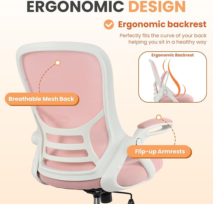 HYLONE Drafting Chair Tall Office, Ergonomic Standing Desk Stool Adjustable Big and Tall Drafting Office Chair with Flip-Up Armrests, Mesh, Pink