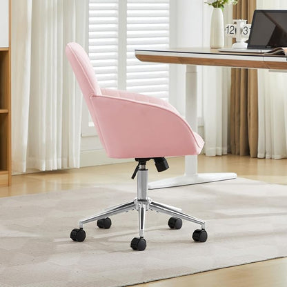 YITAI Velvet Office Desk Armchairs with Silver Base and Wheels,Modern Height Adjustable 360 Degree Swivel Upholstered Vanity Chairs for Living/Room Bedroom/Study,Pink