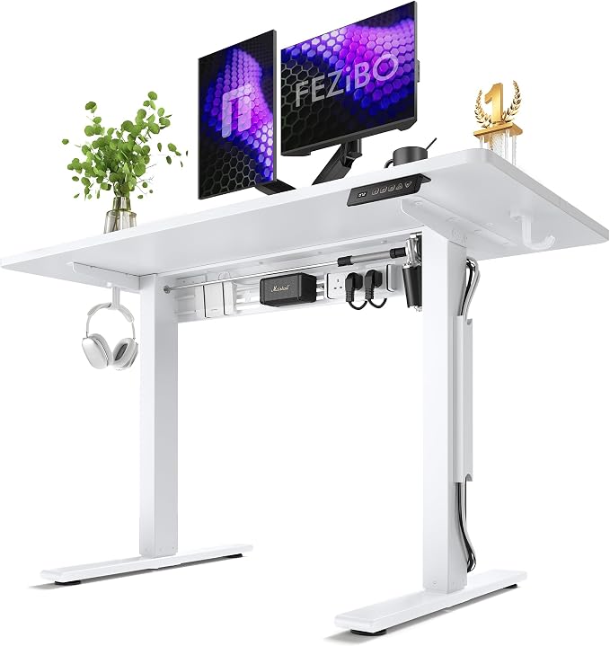 FEZIBO Electric Standing Desk with L-Shaped Crossbar & Cable Management System, 48 x 24 Inches Sit Stand up Desk, Adjustable Height Standing Desk for Home Office, White