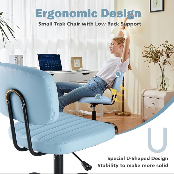 DUMOS Armless Home Office Executive Chair: Small Desk Chair with Low Back Lumbar Support, Height Adjustable PU Leather Computer Task with 360° Swivel Wheels, for Adults, Blue