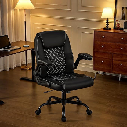 Leather Office Chair, 300lbs Heavy Duty Mid-Back Desk Chairs with Flip-up Armrests, Space-Saving Swivel Task Chair with Wheels, Adjustable Height and Ergonomic Back Support, Black