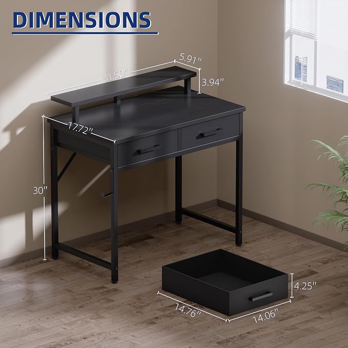 Pamray 32 Inch Small Computer Desk with Monitor Stand Home Office Desks with 2 Drawers for Bedroom Study Writing and Work Table for Small Spaces Brown