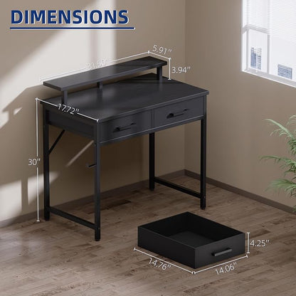 Pamray 32 Inch Small Computer Desk with Monitor Stand Home Office Desks with 2 Drawers for Bedroom Study Writing and Work Table for Small Spaces Brown