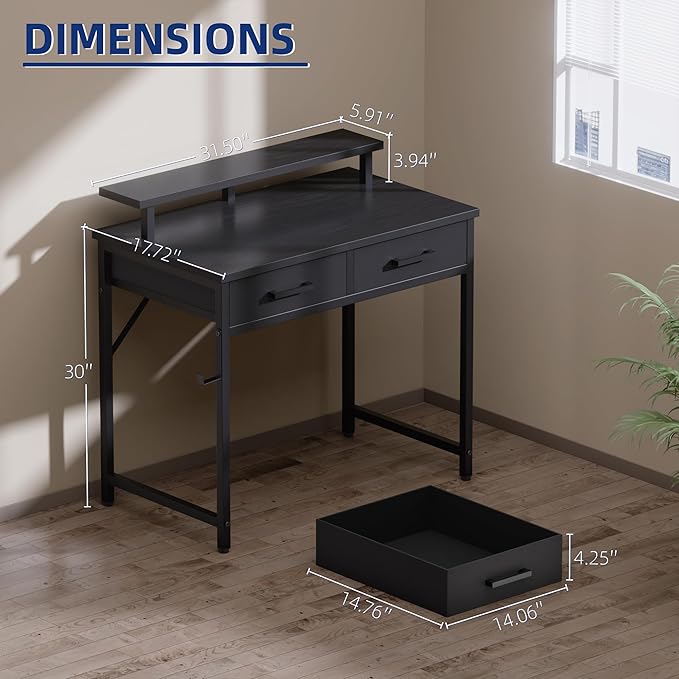 Pamray 32 Inch Small Computer Desk with Monitor Stand Home Office Desks with 2 Drawers for Bedroom Study Writing and Work Table for Small Spaces White