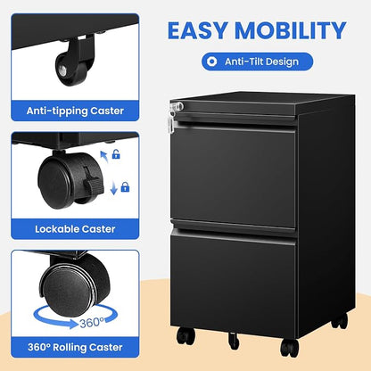 MIIIKO 2 Drawer File Cabinet on Wheels, Home Office Mobile File Drawers Under Desk, Filing Cabinets with Drawers for Legal/Letter/A4 File Folders(Black),Un-Assembled