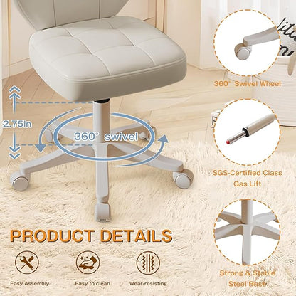 Vanity Chair with Back – Small Armless Office Chair with Wheels, Lumbar Support, PU Leather, Adjustable Height, 360° Swivel for Home, Bedroom, Office White Set of 2