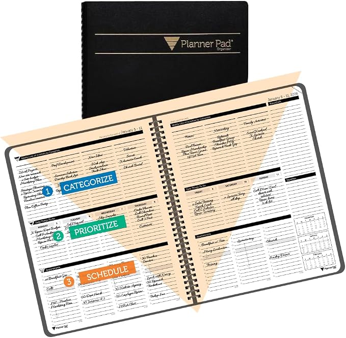 Planner Pad Spiral Bound January-December 2026/ Calendar Year 8 1/2" x 11" Large 3-Tier Funnel Down 12 Month Organizer, Black Cover/Black Ink