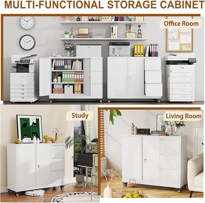 47" Rolling File Storage Locker Cabinet with 3-Drawer，Office Storage Cabinet with Adjustable Shelf & Universal Wheels, Mobile Printer Stand for Home Office, Living Dining Room,White