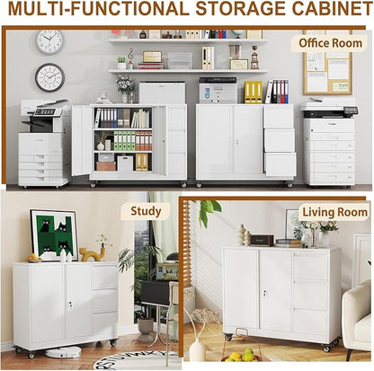 47" Rolling File Storage Locker Cabinet with 3-Drawer，Office Storage Cabinet with Adjustable Shelf & Universal Wheels, Mobile Printer Stand for Home Office, Living Dining Room,White