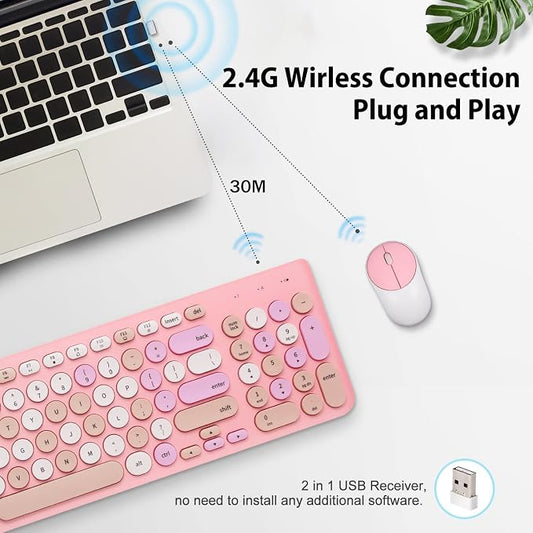 Wireless Keyboard and Mouse Combo, Retro Typewriter Keyboard with Round Keycaps, 2.4GHz USB Cute Wireless Keyboard Mouse for Computer, Desktop, Laptop and Computer (Pink-Colorful)