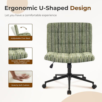 Furnimart 360° Swivel Criss Cross Desk Chair Extra-Thick Cushion, Premium Chenille Cross Legged Chair with Wide Seat & Wheels, Comfy Armless Home Office Chair for Bedroom, Vanity, Sturdy (Green)