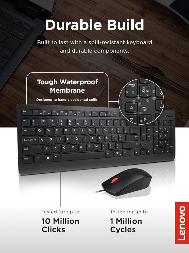 Lenovo Essential Wired Keyboard & Mouse Combo - US English, Adjustable Feet, Spill Resistant Keys, Full Size Ambidextrous Optical Mouse, 1600 DPI, Black