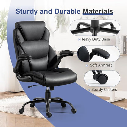 Brage Living 400LBS Big and Tall Office Chair, Leather Executive Desk Chair with Padded Flip-up Arms, Heavy Duty Swivel Rolling Computer Chair for Home Office, Black, Set of 2
