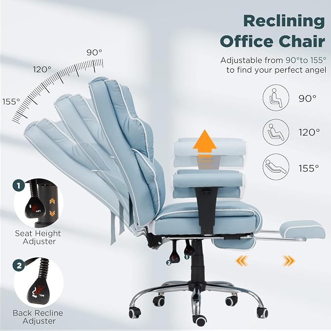 HOMREST Ergonomic Executive Office Chair with 6-Point Vibration & Heat - Reclining Managerial Chair with Adjustable Footrest and Armrests,Big and Tall Leather Home Office Desk Chairs(Airy Blue)