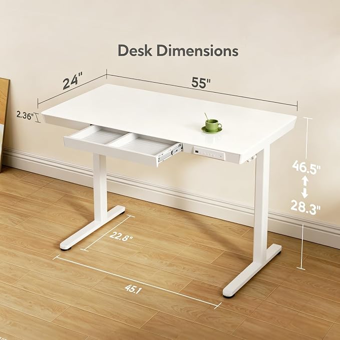 INNOVAR Glass Standing Desk with Drawers & USB Ports,55 inch Whole-Piece Glass Top Adjustable Height Desks, Quick-Install Electric Sit-Stand Up Desk for Home Office & Computer Workstation, White