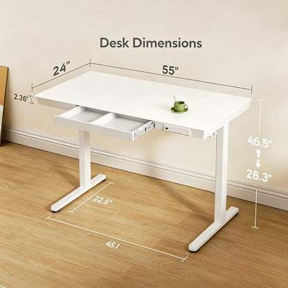 INNOVAR Glass Standing Desk with Drawers & USB Ports,55 inch Whole-Piece Glass Top Adjustable Height Desks, Quick-Install Electric Sit-Stand Up Desk for Home Office & Computer Workstation, White