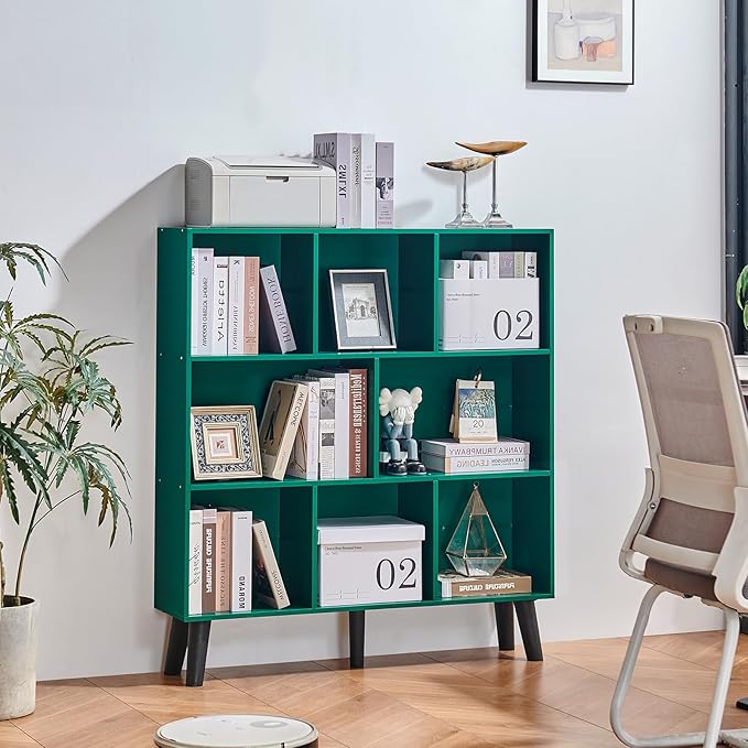 LEYAOYAO 8 Cube Bookshelf,3 Tier Bookcase with Legs,Dark Green Mid-Century Modern Bookshelves,Large Open Storage Organizer Shelf, Wooden Book Case
