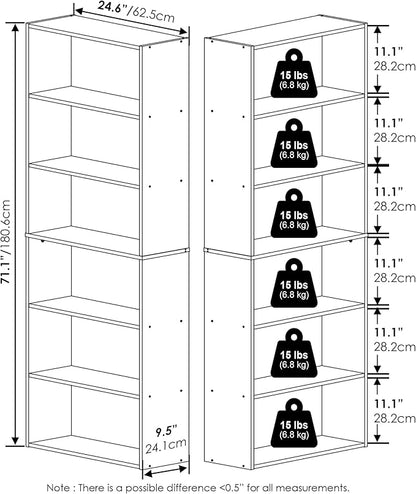 Furinno Jaya Book Shelf Set of 2, 6-Tier Bookshelf, Bookcase, 9.5 x 24.6 x 71, for Home Office, Living Room, Espresso
