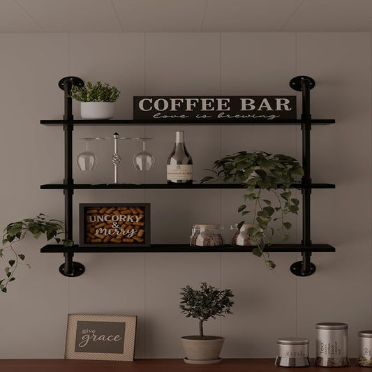 HDDFER Industrial Pipe Shelf Shelving Bookcase, Wall Mounted Rustic Bookshelf, Floating Bookshelves for Wall,Retro Wood Metal Pipe Industrial Shelves for Living Room