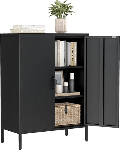 Bevivog Metal Locker Storage Cabinet, Home Office Metal Storage Cabinet Small Sideboard with 2 Doors and 2 Adjustable Shelves,40" Counter Cabinets for Office Garage Bathroom Living Room Hallway