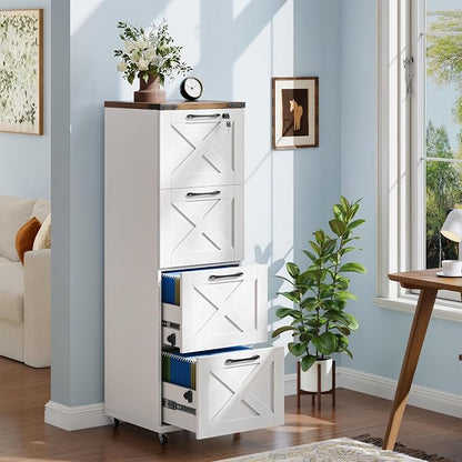 Vabches Vertical Farmhouse Locking Rolling File Cabinet, Office Filing Cabinet with 4 Drawers & Wheels for Hanging Files Letter/A4，Printer Stand for Home Office