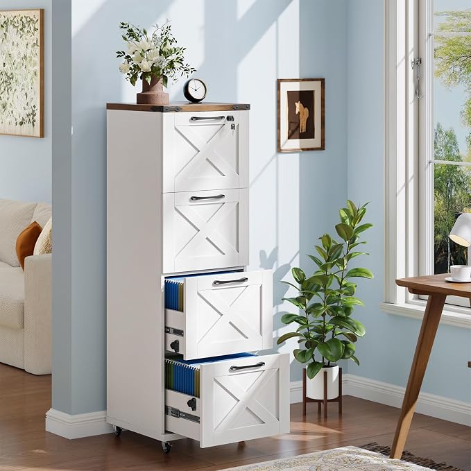 Halitaa Vertical Farmhouse Locking Rolling File Cabinet, Office Filing Cabinet with 4 Drawers & Wheels for Hanging Files Letter/A4，Printer Stand for Home Office